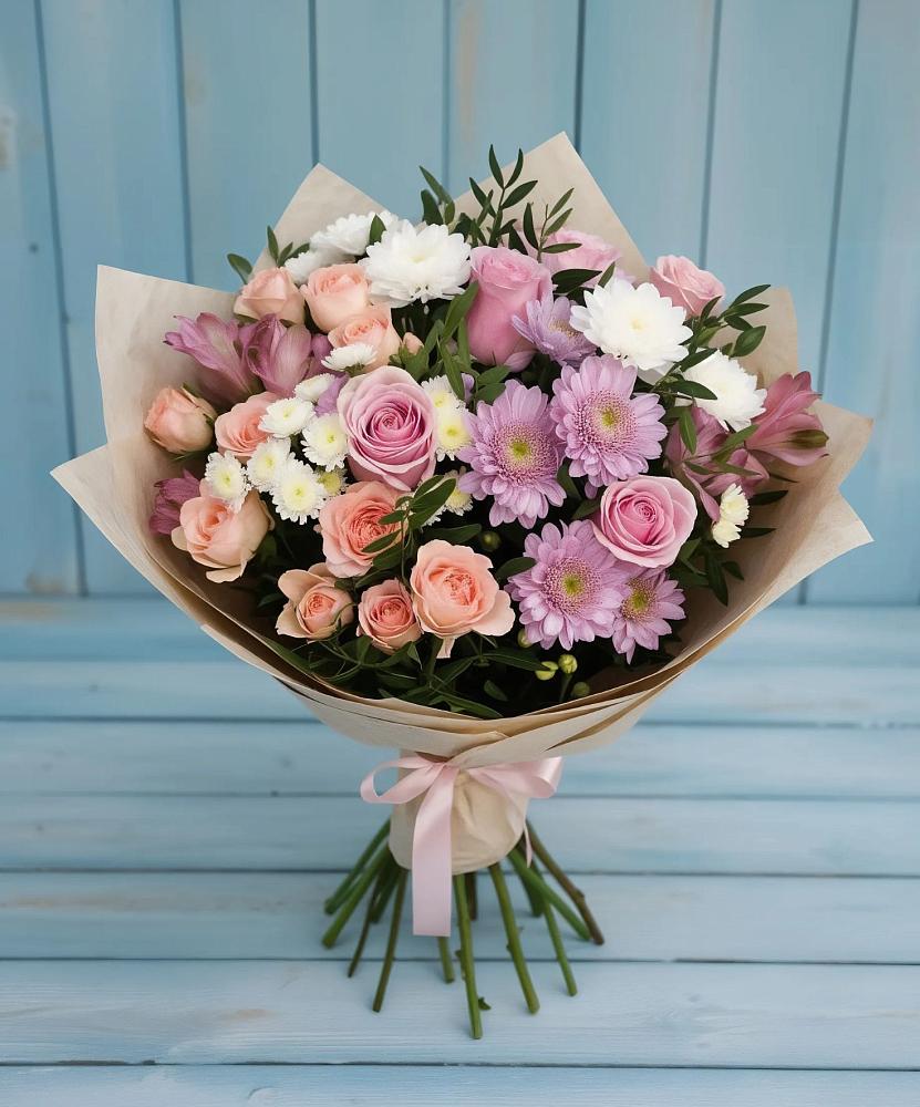 Букет цветов из: Хризантемы, Розы и Альстромерии в Новостройку