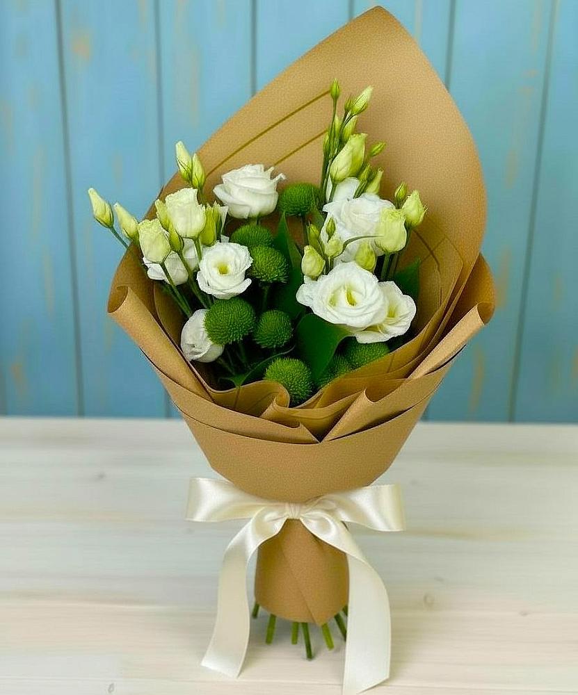 Букет цветов из: Хризантемы и Лизиантусы в Новостройку