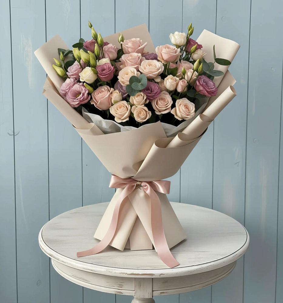 Букет цветов из: Розы и Лизиантусы в Новостройку