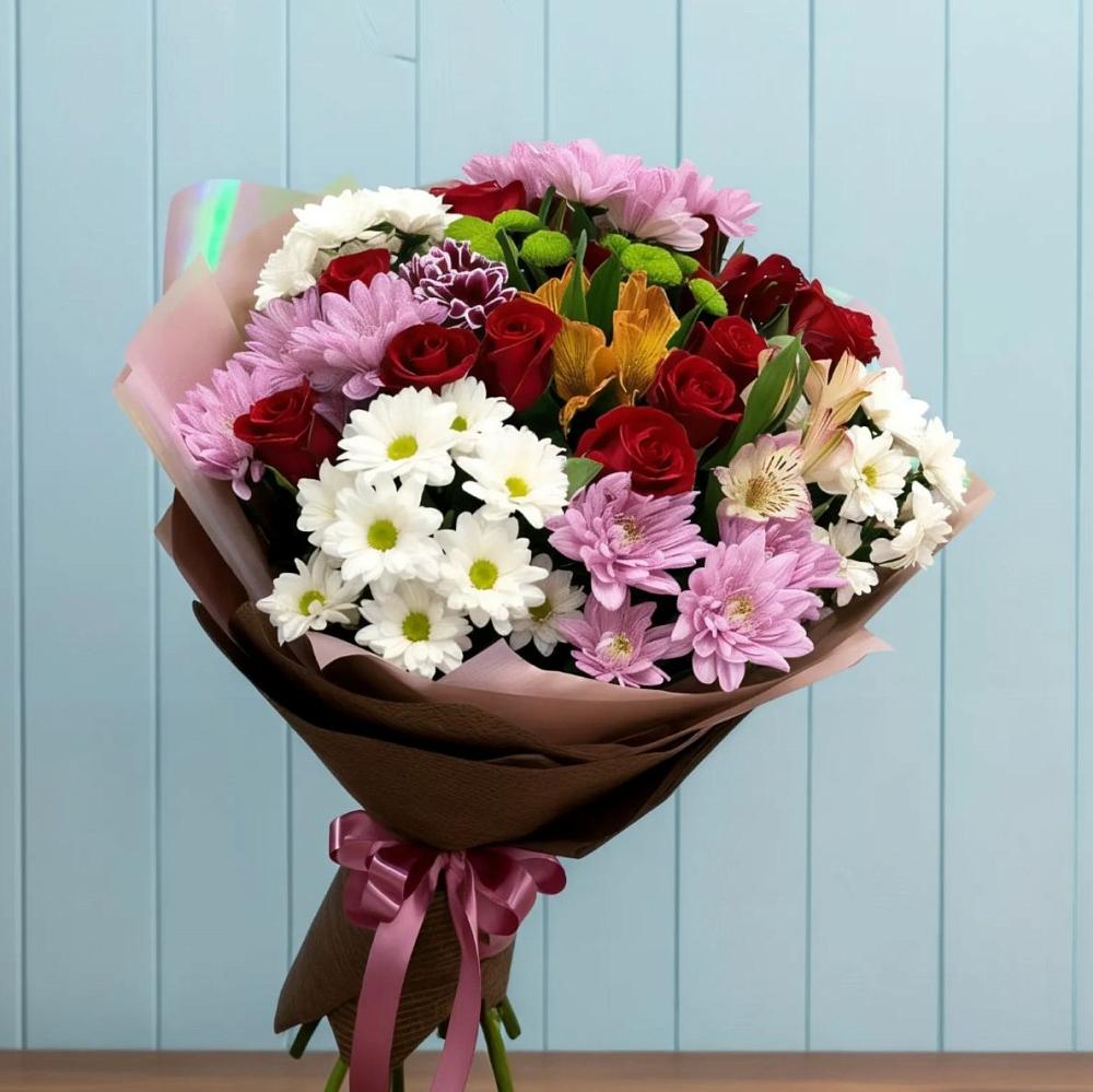 Букет цветов из: Розы, Хризантемы и Альстромерии в Новостройку