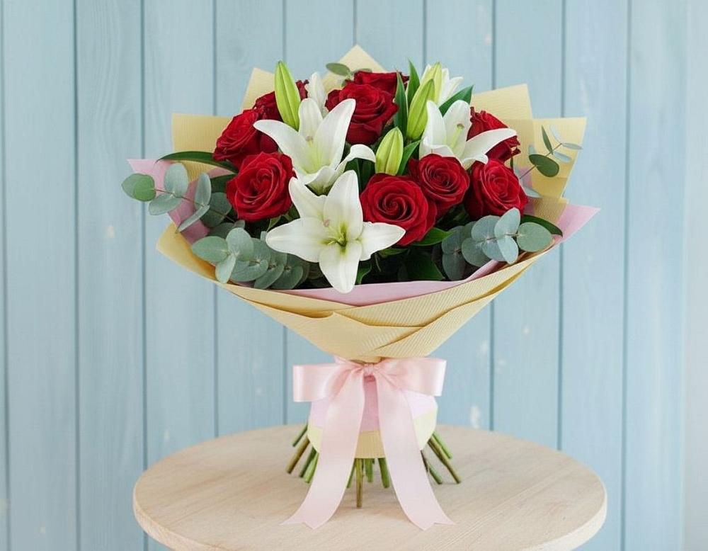 Букет цветов из: Лилии и Розы в Новостройку