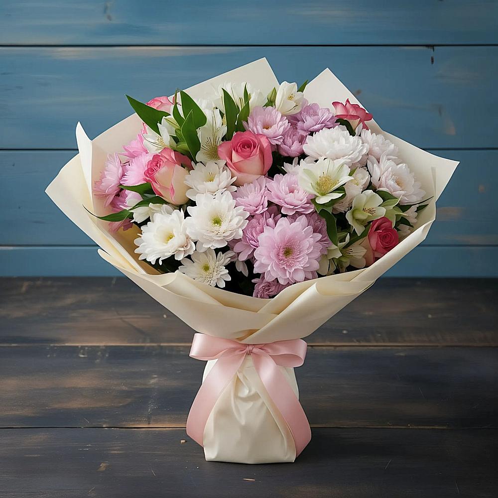 Букет цветов из: Хризантемы, Альстромерии и Розы в Новостройку